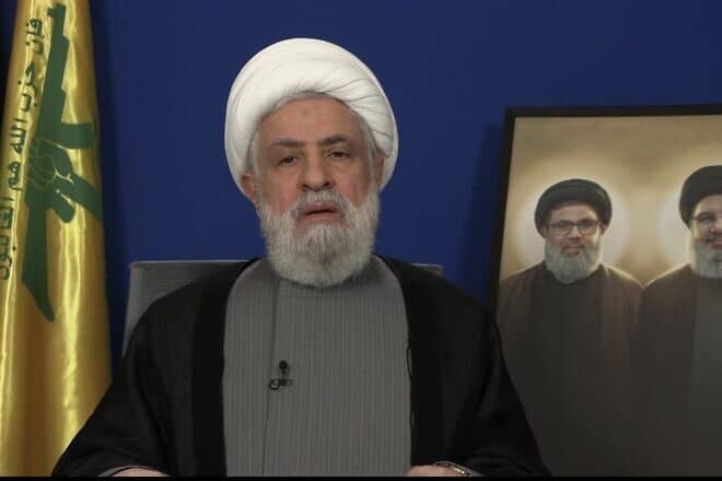Hezbollah Secretary-General Naim Qassem in a televised address, Nov. 20, 2024. Source: Screenshot.