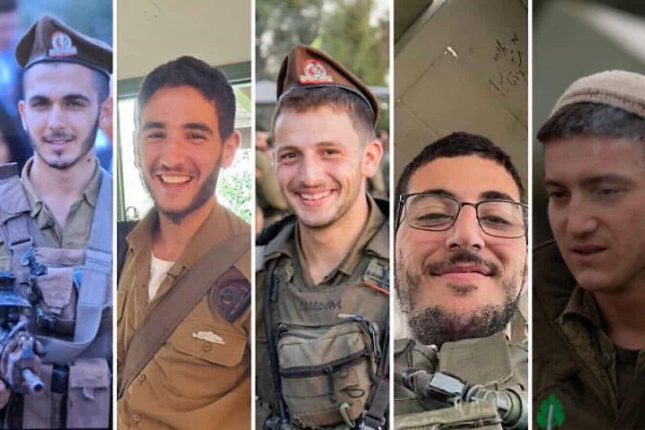 Members of the Israel Defense Forces killed in the Gaza Strip on Nov. 13, 2024, include Capt. Itay Marcovich, 21, from Kokhav Ya’ir; Staff Sgt. Sraya Elboim, 21, from Mehola; Staff Sgt. Dror Hen, 20, from Gan Haim; Staff. Sgt. Nir Gofer, 20, from Dimona; and Sgt. Shalev Itzhak Sagron, 21, from Sderot. Credit: IDF.