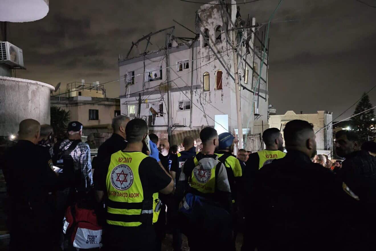 Israeli security and rescue forces at the scene of a deadly Hezbollah rocket attack  in the northern Arab city of Shfar’am, Nov. 18, 2024. Credit: Magen David Adom.
