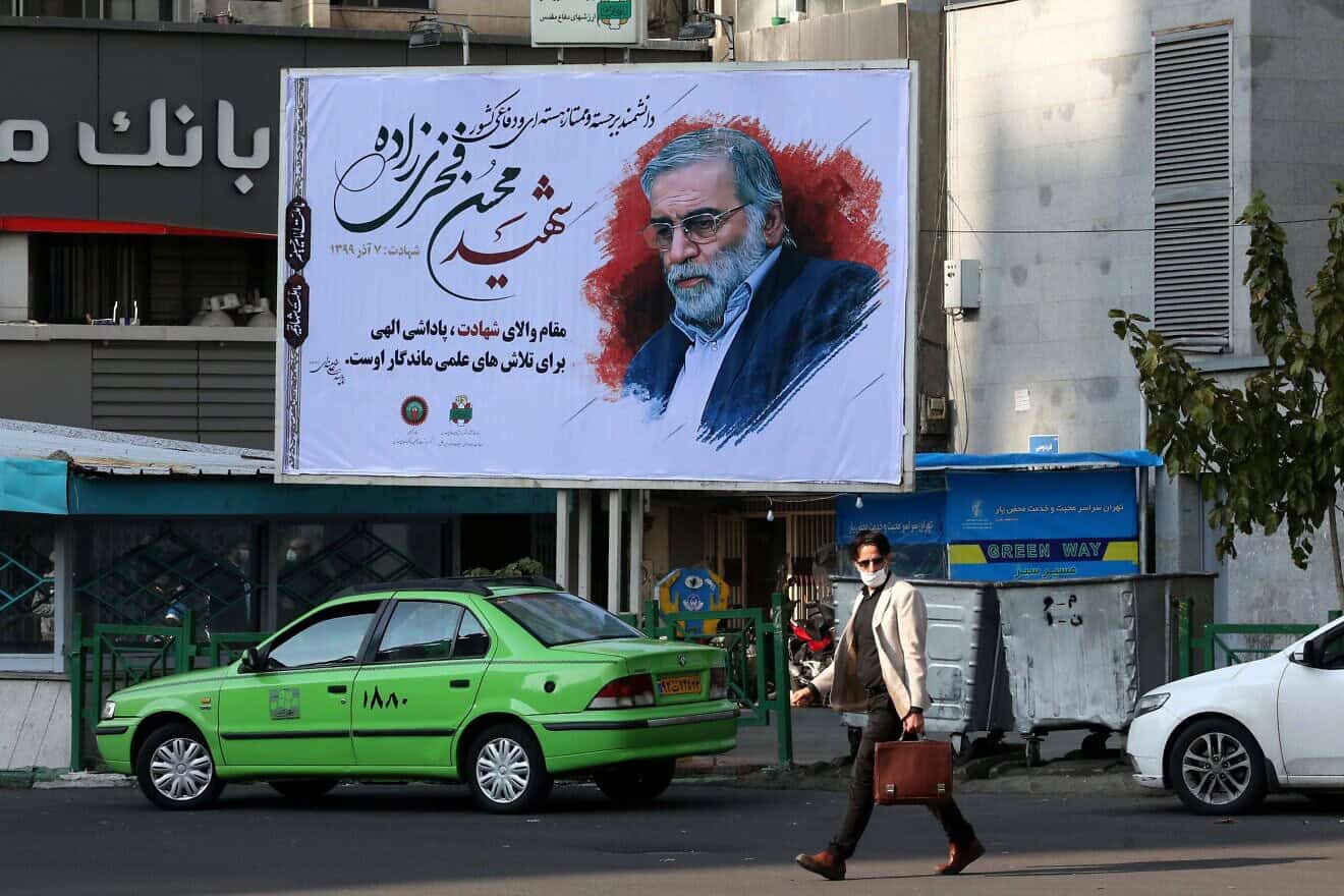 A billboard of slain Iranian nuclear scientist Mohsen Fakhrizadeh in Tehran, Nov. 30, 2020. Photo by Atta Kenare/AFP via Getty Images.