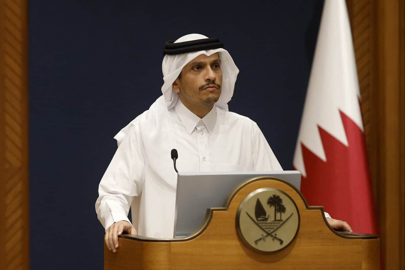 Qatari Prime Minister and Foreign Minister Mohammed bin Abdulrahman bin Jassim Al Thani issues a statement in Doha, Oct. 13, 2023. Photo by Karim Jaafar/AFP via Getty Images.