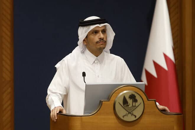 Qatari Prime Minister and Foreign Minister Mohammed bin Abdulrahman bin Jassim Al Thani issues a statement in Doha, Oct. 13, 2023. Photo by Karim Jaafar/AFP via Getty Images.
