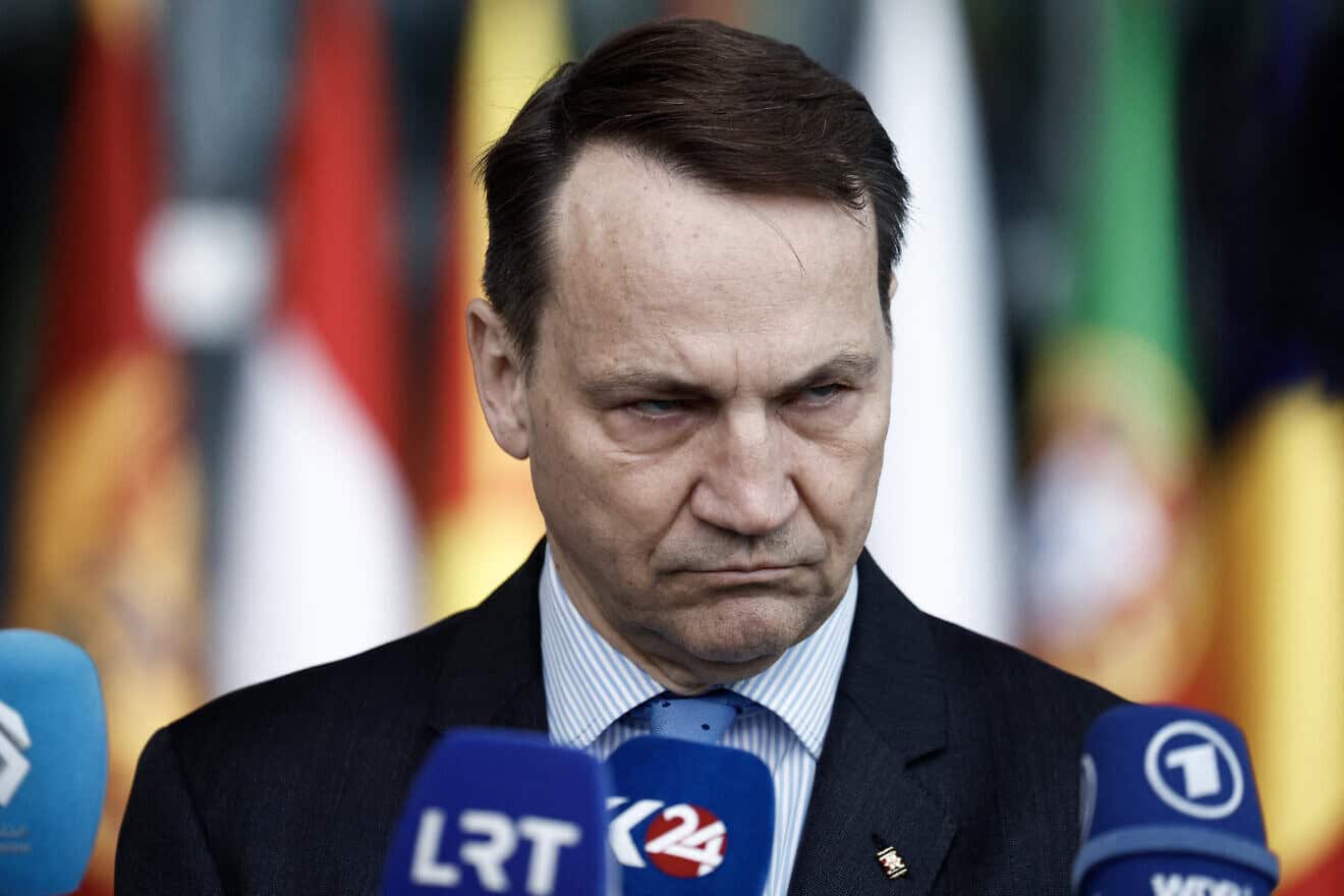 Polish Foreign Minister Radoslaw Sikorski gives a statement to the press ahead of a NATO foreign ministers' meeting at NATO headquarters in Brussels, April 3, 2024. Photo by Kenzo Tribouillard/AFP via Getty Images.