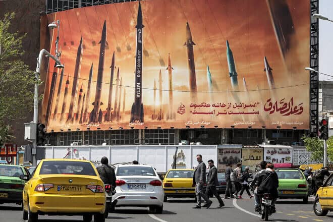 A billboard in Tehran reading: “Israel is weaker than a spider's web,” April 15, 2024. Photo by Atta Kenare/AFP via Getty Images.