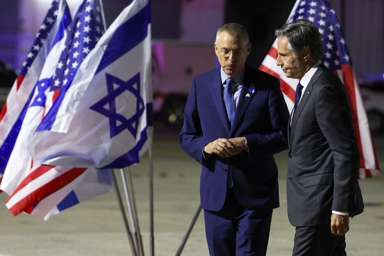 U.S. Secretary of State Antony Blinken is welcomed by Michael Herzog, Israel's ambassador to the United States, upon arrival at Ben-Gurion International Airport on April 30, 2024. Photo by Evelyn Hockstein/pool/AFP via Getty Images.