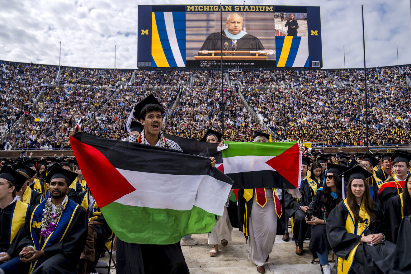 Anti-Israel protesters at the University of Michigan's spring commencement at Michigan Stadium in Ann Arbor, Mich., May 4, 2024. Photo by Nic Antaya/Getty Images.