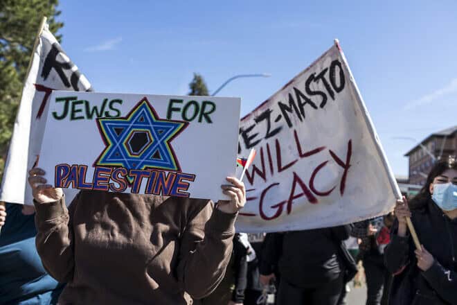 A student holds a placard reading "Jews for Palestine" during a pro-Palestine student protest at the University of Nevada in Reno, Nevada, on May 8, 2024. Photo by Kia Rastar/Middle East Images/AFP via Getty Images.
