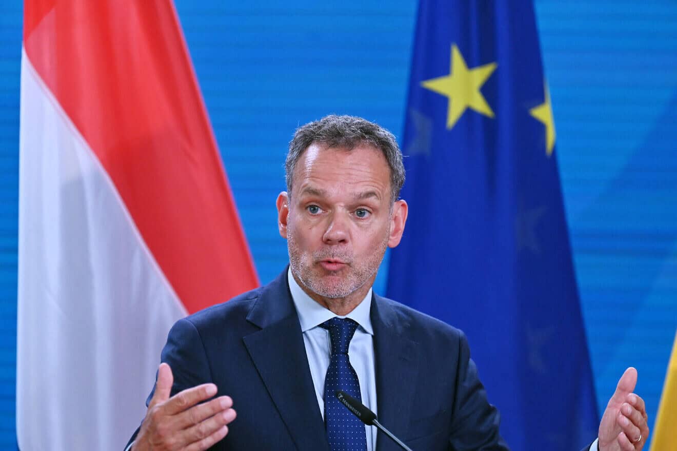 Dutch Foreign Minister Caspar Veldkamp at a joint press conference with Annalena Baerbock, the foreign minister of Germany, following talks at the Foreign Office in Berlin, July 23, 2024. Photo by Ralf Hirschberger/AFP via Getty Images.