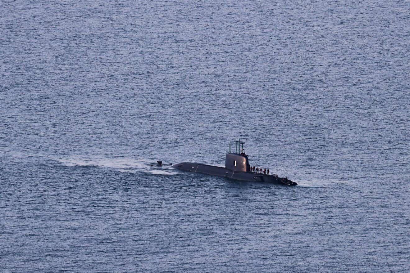 An Israeli Navy submarine off the coast of Haifa on Aug. 13, 2024. Photo by Menahem Kahana/AFP via Getty Images.