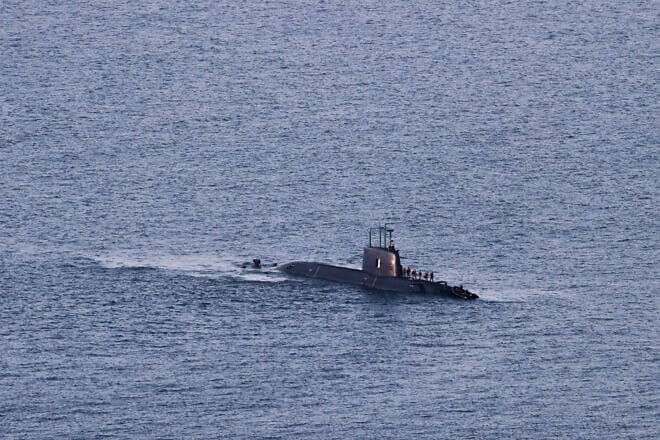 An Israeli Navy submarine off the coast of Haifa on Aug. 13, 2024. Photo by Menahem Kahana/AFP via Getty Images.