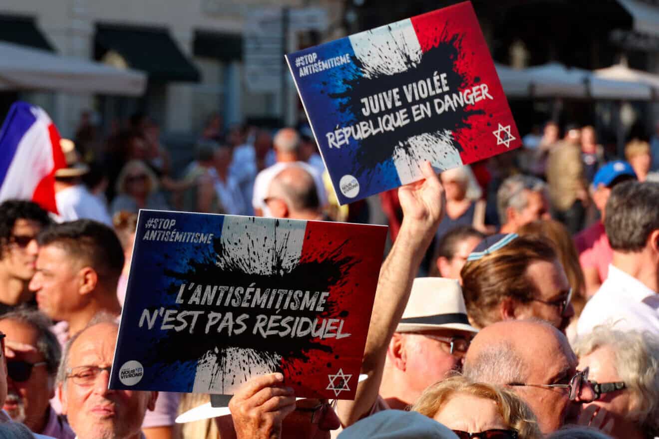 Attendees take part in a demonstration against antisemitism called by the Representative Council of French Jewish Institutions (CRIF) at Place de la Comedie in Montpellier, southern France, on Aug. 27, 2024. Photo by Pascal Guyot/AFP via Getty Images.