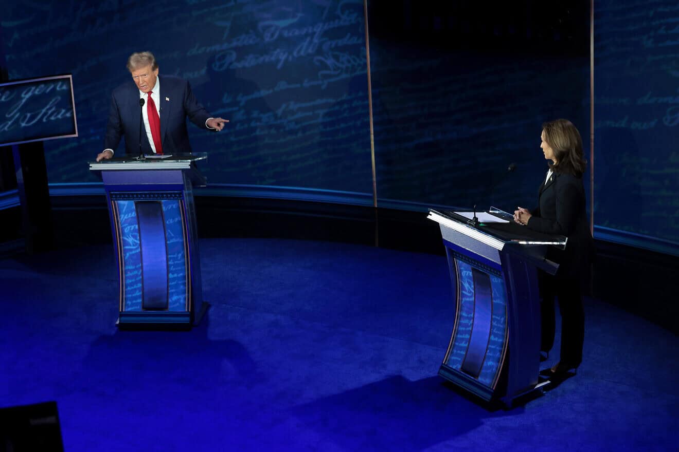 The Republican presidential nominee, former U.S. President Donald Trump, and Democratic presidential nominee, U.S. Vice President Kamala Harris, during their debate at the National Constitution Center in Philadelphia, Sept. 10, 2024. Photo by Win McNamee/Getty Images.
