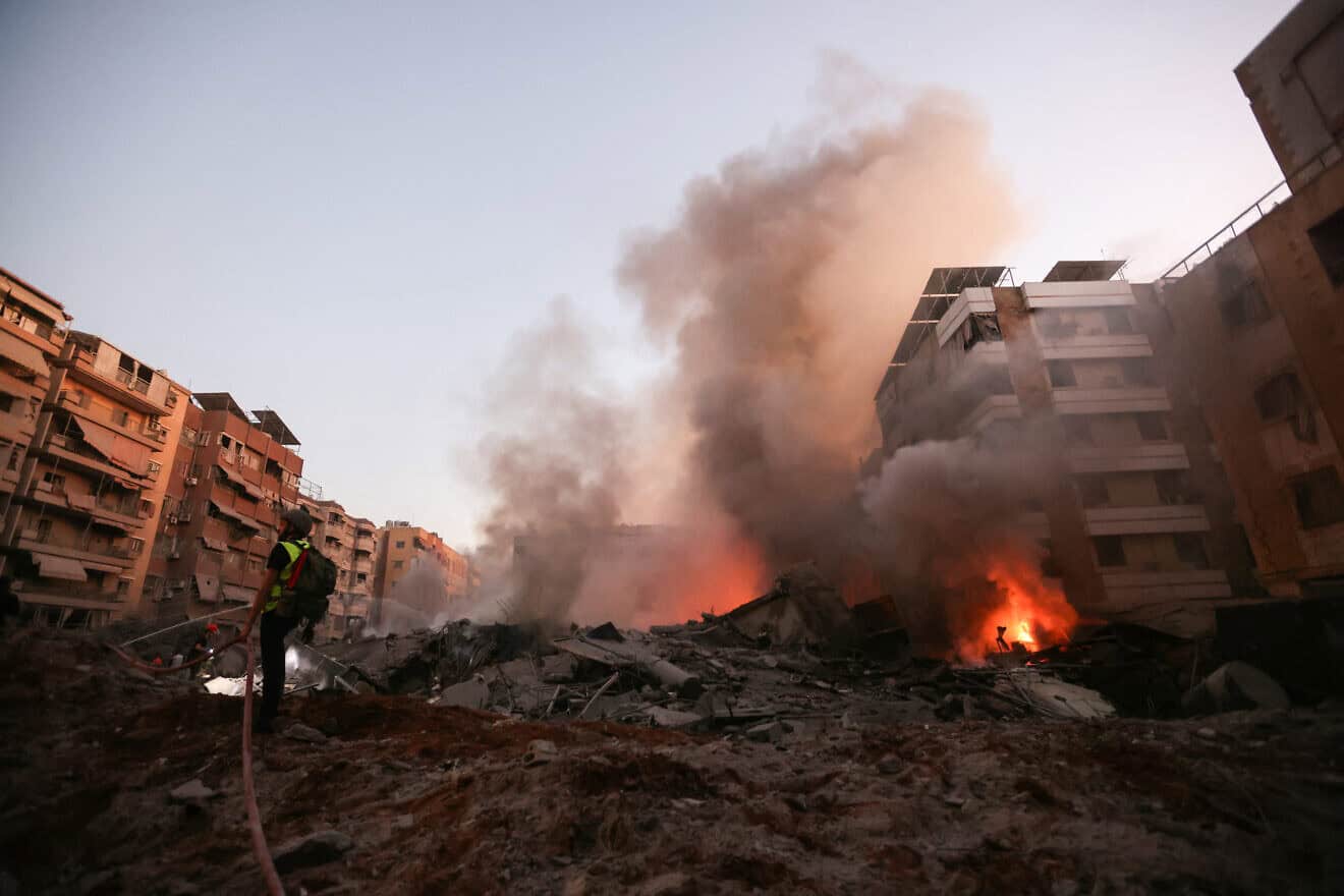 A building destroyed in an Israeli airstrike in Hezbollah's terrorist stronghold in southern Beirut, Sept. 27, 2024. Photo by Ibrahim Amro/AFP via Getty Images.