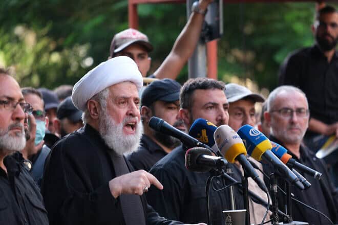 Naim Qassem, a prominent Hezbollah figure, speaking during the funeral of Hezbollah leader Ibrahim Aqil in Beirut on Sept. 22, 2024. Photo by Courtney Bonneau/Middle East Images/AFP via Getty Images.