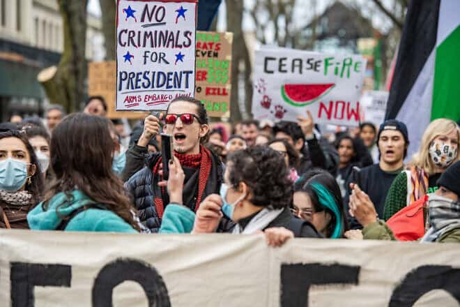 Pro-Palestinian demonstrators march during a "No Votes for Genocide" rally organized by the Boston Coalition for Palestine ahead of the U.S. general election in Boston, on Nov. 2, 2024. Photo by Joseph Prezioso / AFP via Getty Images.