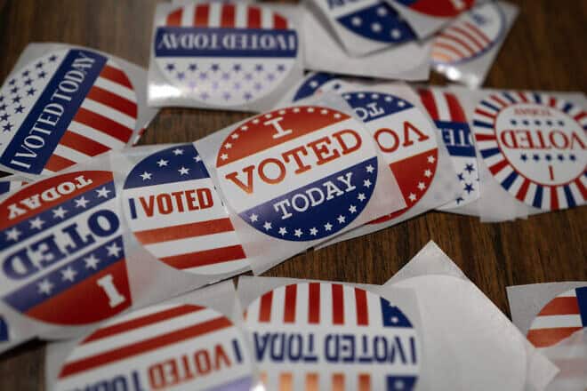 Stickers on a table during in-person absentee voting on Nov. 1, 2024 in Little Chute, Wisconsin. Photo by Scott Olson/Getty Images.
