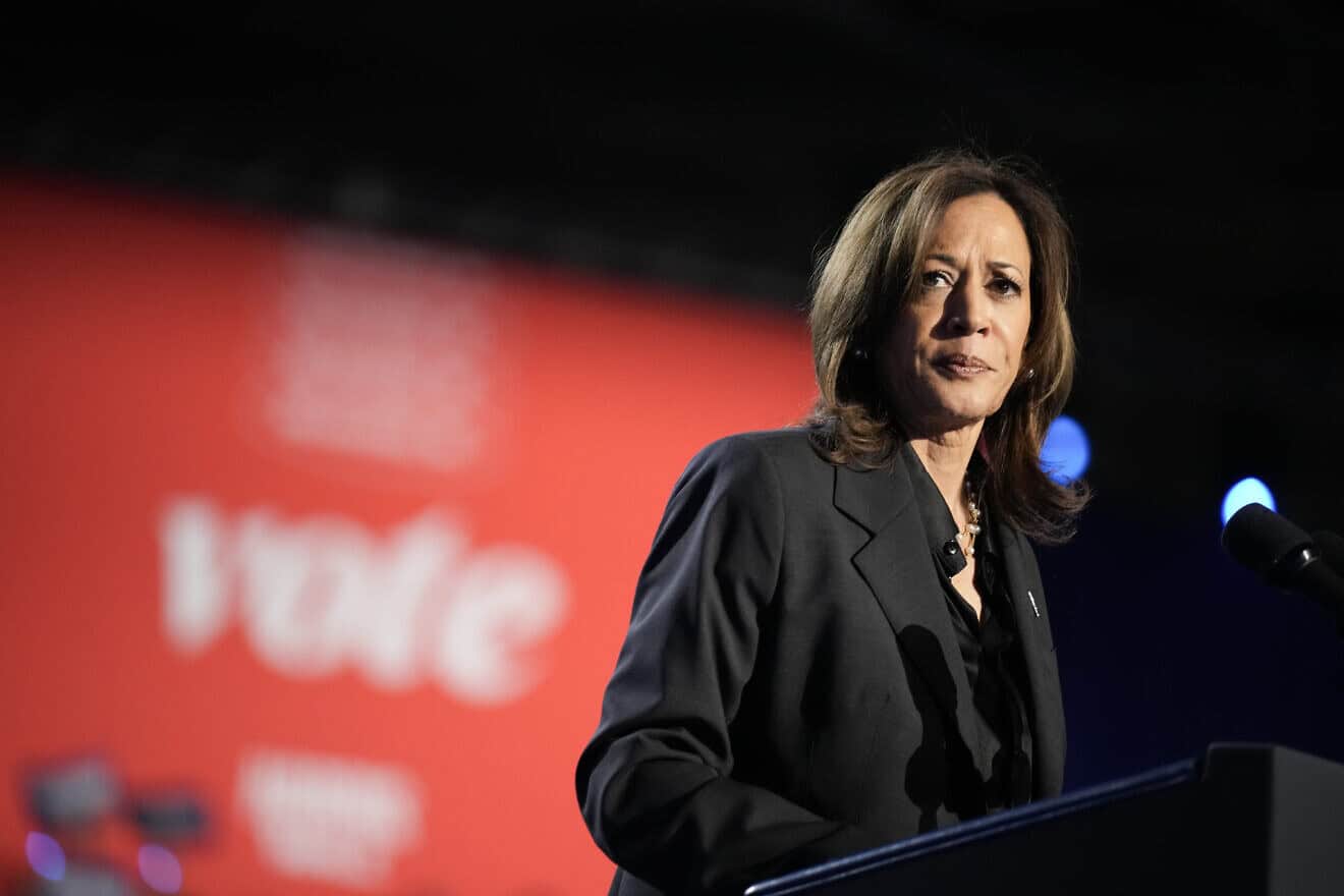 U.S. Vice President Kamala Harris, the Democratic presidential nominee, speaks at a campaign rally at the Wisconsin State Fair Park Exposition Center in West Allis, Wis., on Nov. 1, 2024. Photo by Andrew Harnik/Getty Images.