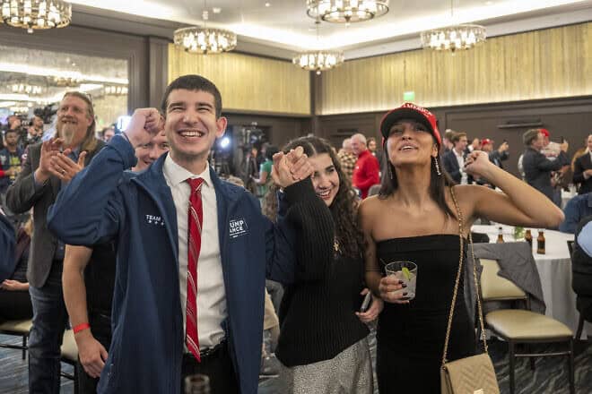 Supporters of Republican presidential nominee, former President Donald Trump, and Wisconsin U.S. Senate candidate Eric Hovde celebrate during an election night watch party on Nov. 6, 2024 in Madison, Wisconsin. Photo by Andy Manis/Getty Images.