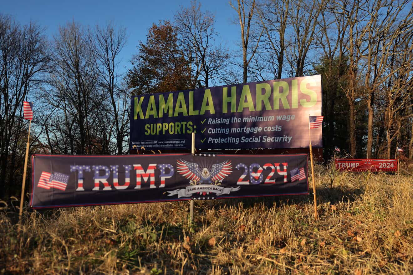 Campaign signs for Republican presidential nominee, former President Donald Trump and Democratic presidential nominee, U.S. Vice President Kamala Harris are seen on Route 33 on in Bartonsville, Pa., on Nov. 2, 2024. Photo by Michael M. Santiago/Getty Images.