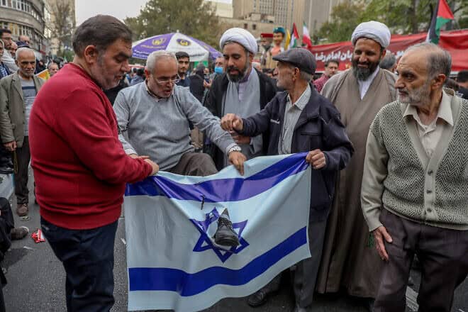 Iranians participating in a demonstration in front of the former U.S. embassy in Tehran as Iranians celebrate the 45th anniversary of the start of 1979 hostage-taking on Nov. 3, 2024. Photo by Majid Saeedi/Getty Images.