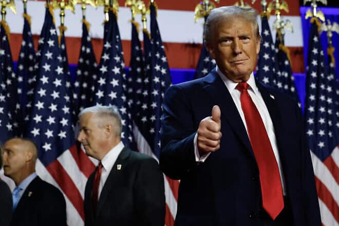 Republican presidential nominee Donald Trump arrives to speak during an election night event at the Palm Beach Convention Center in West Palm Beach, Fla., on Nov. 6, 2024. Photo by Chip Somodevilla/Getty Images.