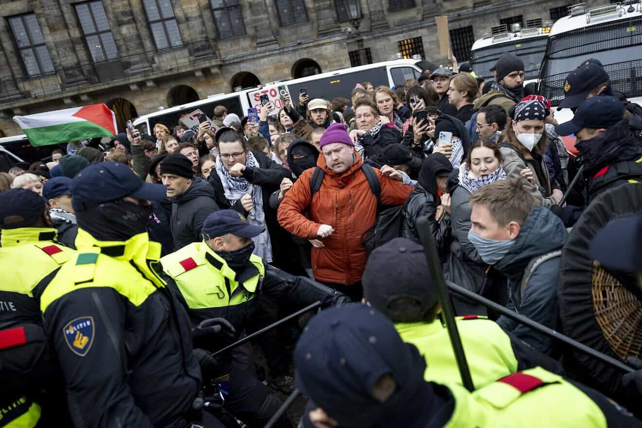 Protesters take part in a pro-Palestinian demonstration on Dam Square in Amsterdam on Nov. 10, 2024. Photo by Robin van Lonkhuijsen, ANP/AFP/Netherlands OUT via Getty Images.