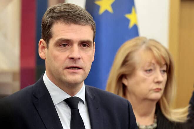 The leader of the populist Nemuno Aura (Nemunas Dawn) Party Remigijus Zemaitaitis speaks during a press conference after the signing of a coalition agreement in Vilnius, Lithuania, on Nov. 11, 2024. Photo by Petras Malukas/AFP via Getty Images.