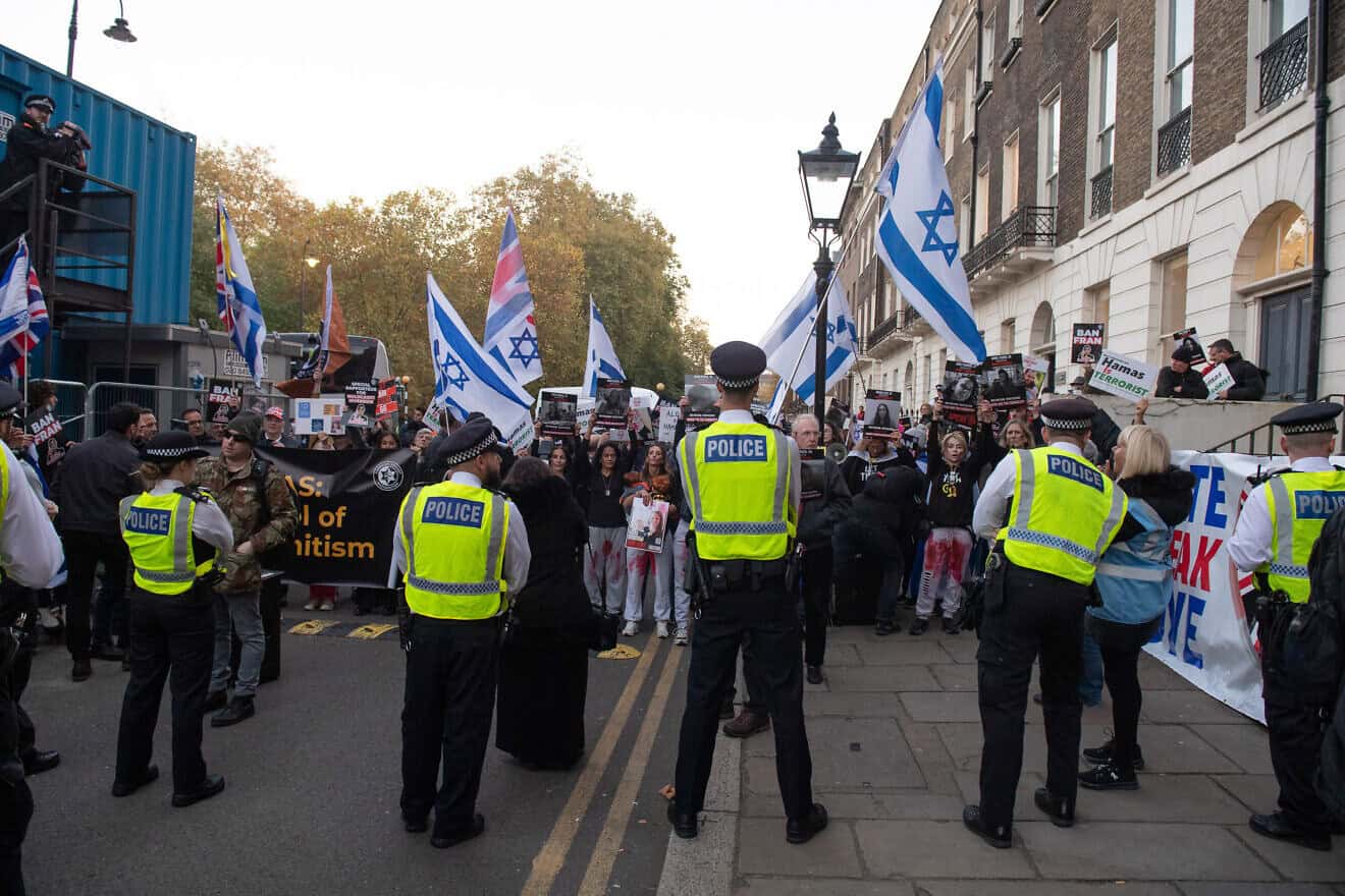 The pro-Israel lobby group Campaign Against Antisemitism protests near SOAS University in London, Nov. 11, 2024. Photo by Guy Smallman/Getty Images.