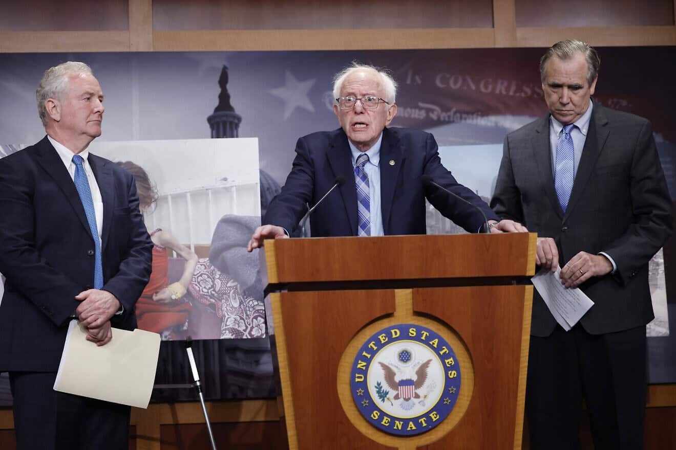 U.S. Sen. Bernie Sanders (I-Vt.), joined by fellow senators U.S. Sens. Chris Van Hollen (D-Md.) and Jeff Merkley (D-Ore.), speaks at a news conference on restricting arms sales to Israel at the U.S. Capitol in Washington, D.C., on Nov. 19, 2024. Photo by Kevin Dietsch/Getty Images.