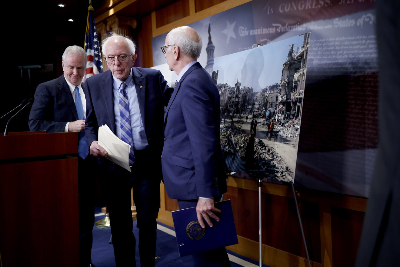 Sen. Bernie Sanders (I-Vt.), joined by fellow Sens. Chris Van Hollen (D-Md.) and Peter Welch (D-Vt.), departs from a news conference on restricting arms sales to Israel at the U.S. Capitol in Washington, D.C., on Nov. 19, 2024. Photo by Kevin Dietsch/Getty Images.