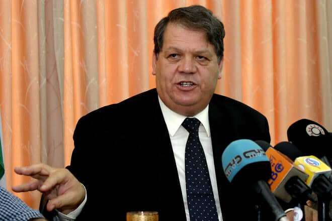 Rawhi Fattouh, the head of the Palestinian Legislative Council, attends a meeting in Ramallah on July 20, 2004. Photo by Jamal Aruri/AFP via Getty Images.