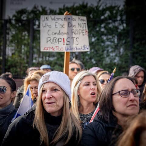 Demonstrators protest against sexual violence used by Hamas operatives against women and girls during the terrorist attacks in southern Israel on Oct. 7, outside U.N. headquarters in New York City on Dec. 4, 2023. Credit: Yakov Binyamin/Flash90.