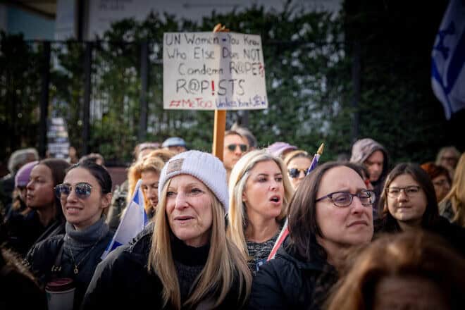 Demonstrators protest against sexual violence used by Hamas operatives against women and girls during the terrorist attacks in southern Israel on Oct. 7, outside U.N. headquarters in New York City on Dec. 4, 2023. Credit: Yakov Binyamin/Flash90.