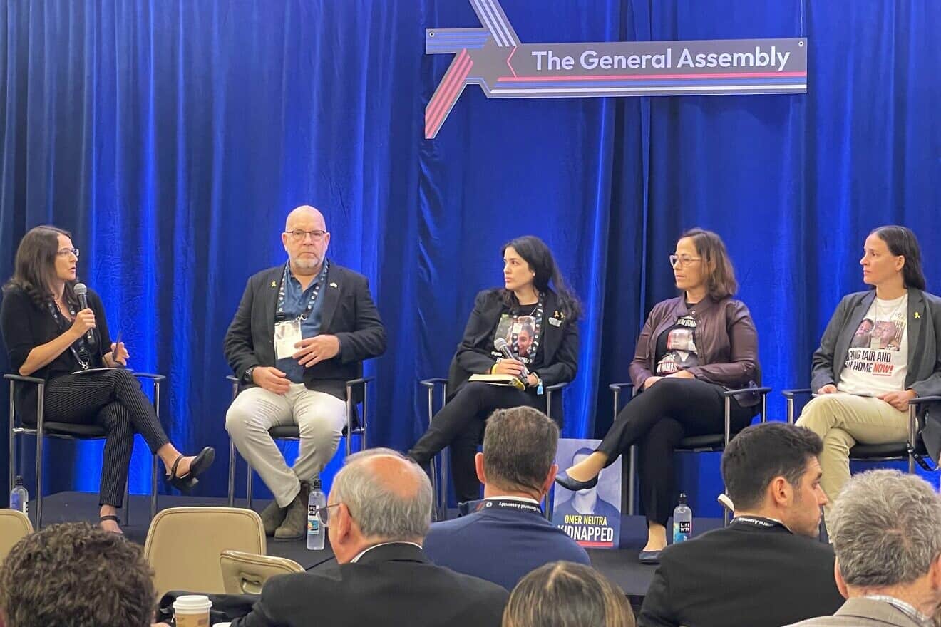 Families of hostages who have been held captive in the Gaza Strip since the Hamas terrorist attacks in Israel on Oct. 7, 2023, speak at the Jewish Federations of North America’s General Assembly in Washington, D.C., on Nov. 11, 2024. Photo by Mike Wagenheim.