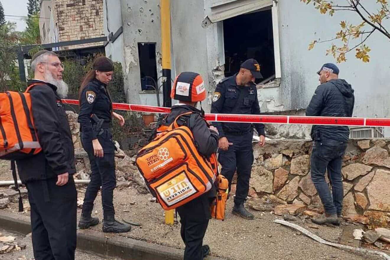 United Hatzalah medical teams at the scene of a rocket impact at a home in Karmiel that lightly injured a 70-year-old woman, Nov. 19, 2024. Credit: Courtesy of United Hatzalah.