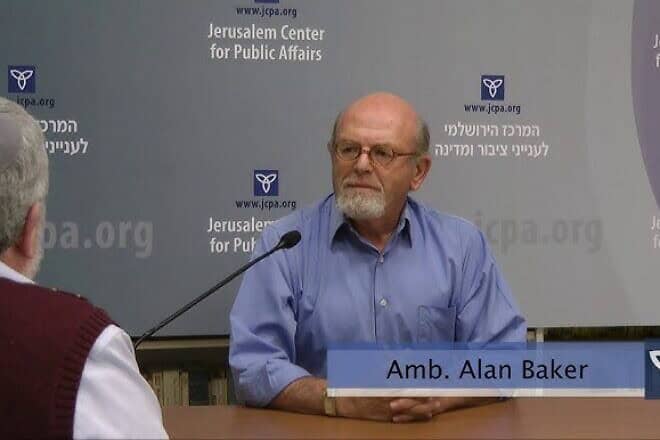 Lenny Ben-David interviews Alan Baker at the Jerusalem Center for Public Affairs, now called the Jerusalem Center for Security and Foreign Affairs, April 12, 2016. Credit: JCFA/YouTube.