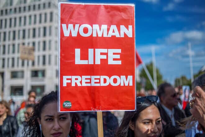 A protest in Berlin marks the second anniversary of Mahsa Amini's death in custody in Tehran, in memory of the victims of the Woman, Life, Freedom Movement, on Sept. 14, 2024. Photo by Babak Bordbar/Middle East Images/Middle East Images via AFP.