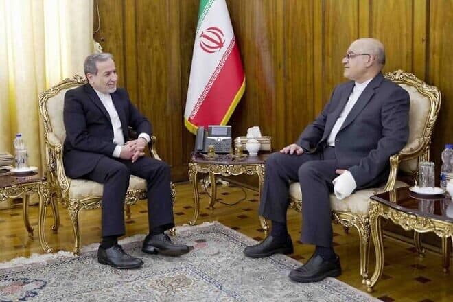 Iran's Ambassador to Lebanon Mojtaba Amani (r) meets with the Foreign Minister Abbas Araghchi in Tehran, Nov. 12, 2024. Credit: Mehr News Agency.