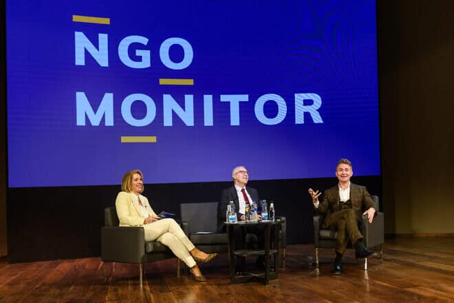 Public intellectual Douglas Murray speaks alongside NGO Monitor Vice President Olga Deutsch and President Gerald Steinberg at the Menachem Begin Heritage Center in Jerusalem on Nov. 27, 2024. Photo by Yehoshua Halevi.