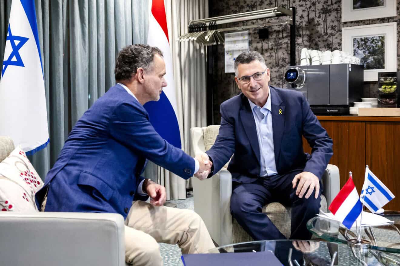 Dutch Foreign Minister Caspar Veldkamp (left) meets with Israel's Foreign Minister Gideon Sa’ar in Amsterdam, two days after the pogrom in the city against Maccabi Tel Aviv fans, Nov. 9, 2024. Photo by Sem van der Wal/ANP/AFP via Getty Images.
