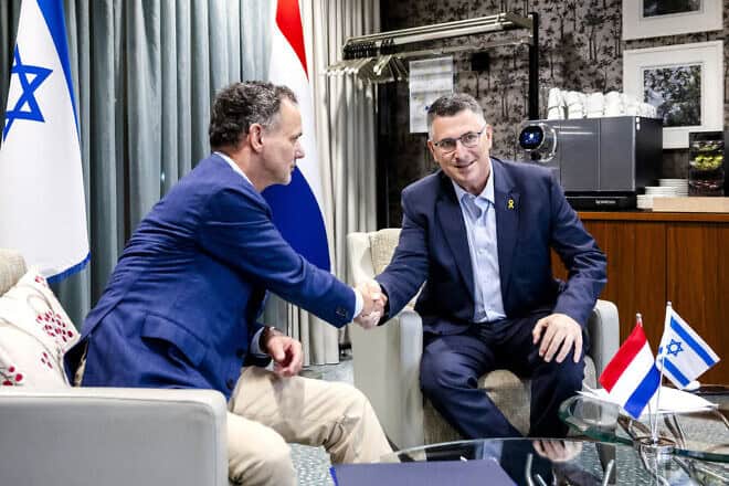 Dutch Foreign Minister Caspar Veldkamp (left) meets with Israel's Foreign Minister Gideon Sa’ar in Amsterdam, two days after the pogrom in the city against Maccabi Tel Aviv fans, Nov. 9, 2024. Photo by Sem van der Wal/ANP/AFP via Getty Images.