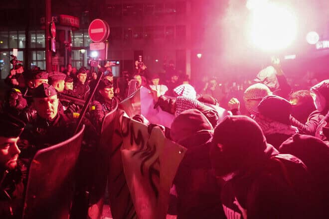 Rioters clash with gendarmes during a rally in Paris organized by the France Unbowed, Ecologists—EELV and New Anticapitalist parties against the "Israel is Forever" gala, on Nov. 13, 2024. Photo by Dimitar Dilkoff/AFP via Getty Images.