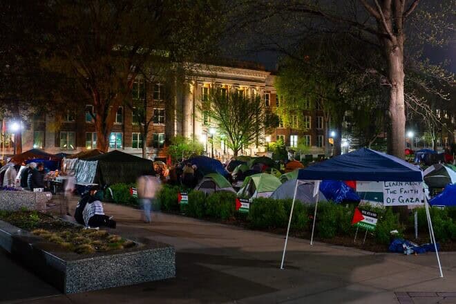 Students at a pro-Palestinian tent encampment at the University of Minnesota in Minneapolis—following one cleared by police the week before, when nine protesters were arrested—on May 1, 2024. Credit: Chad Davis via Wikimedia Commons.