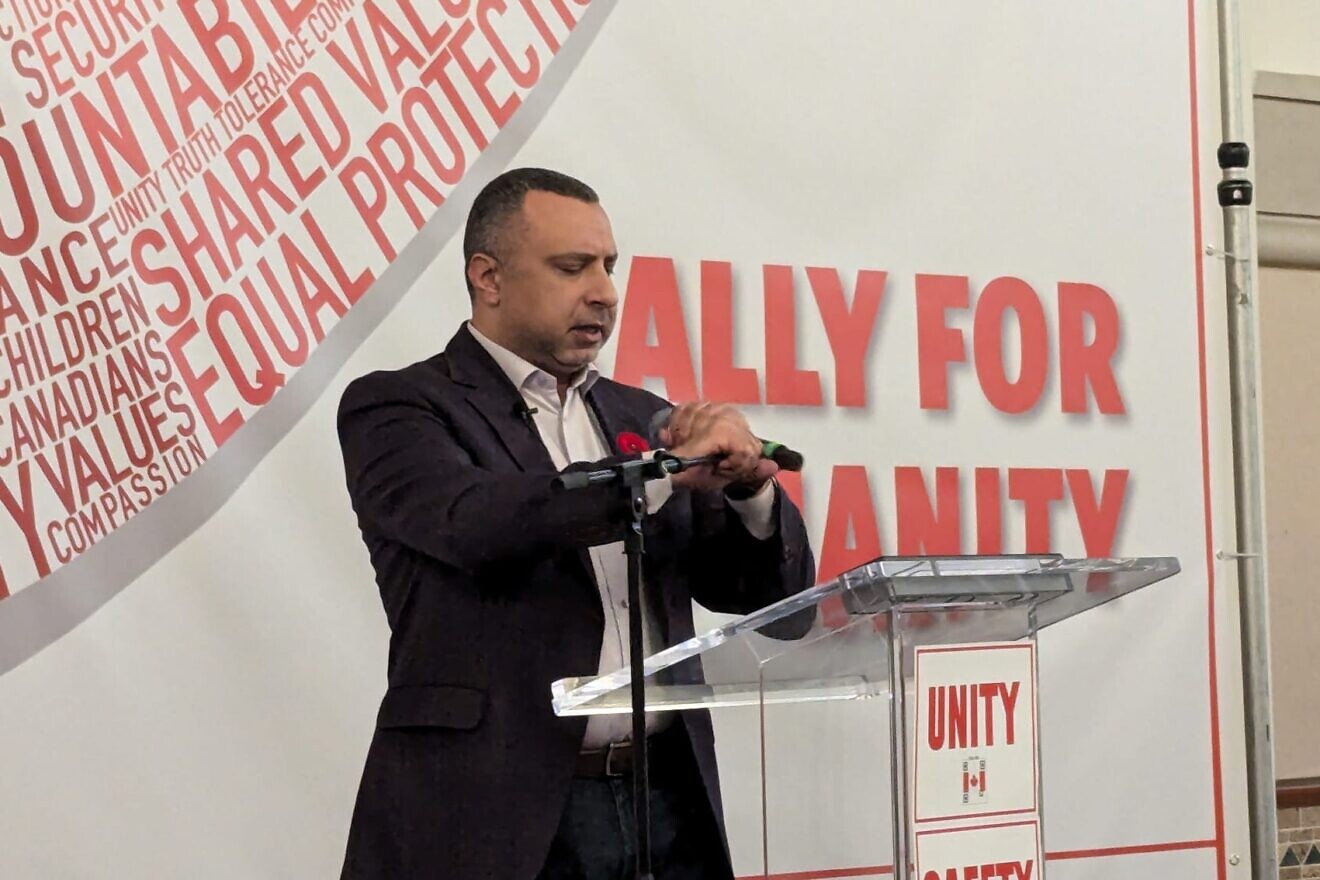 Majed El Shafie, founder and president of the Canadian nonprofit One Free World International, at a "Rally for Humanity" in the Toronto area on Nov. 10, 2024. Photo by Avi Attali.