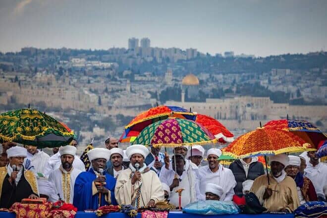 Ethiopian Jews take part in prayers on the Sigd holiday at the Armon Hanatziv Promenade overlooking the Temple Mount in Jerusalem on Nov. 28, 2024. Photo by Yonatan Sindel/Flash90.