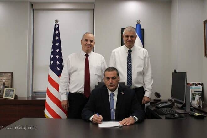 Director General of the IMOD, Maj. Gen. (res.) Eyal Zamir (c), Head of the IMOD’s Mission to the U.S., Aviram Hasson (r), and Senior Deputy Head of the Mission, Offer Zavatzky, Nov. 6, 2024. Credit: Media and Public Affairs Bureau/Israel Ministry of Defense.