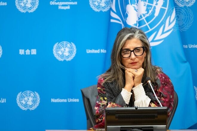 Francesca Albanese, the U.N. special rapporteur for Palestinian rights, briefs reporters at U.N. Headquarters, Oct. 30, 2024. Credit: Mark Garten/U.N. Photo.