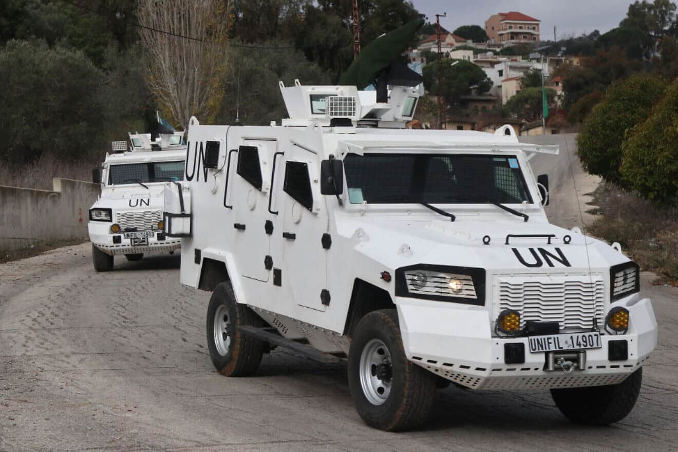 U.N. Interim Force in Lebanon vehicles patrol in the Marjayoun district, near the border with Israel, Nov. 29, 2024. Photo by AFP via Getty Images.