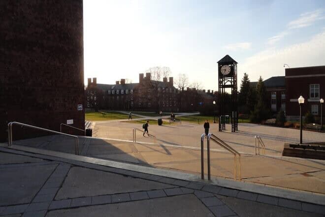 The clock tower in Dandelion Square on the campus of the University of Rochester, N.Y. Credit: Daniel Penfield via Wikimedia Commons.
