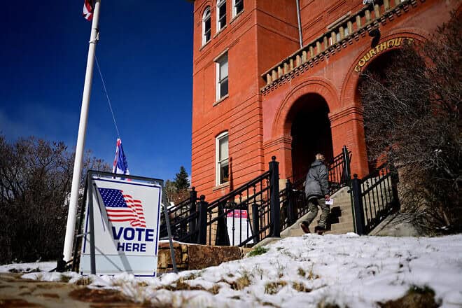 A man arrives to vote in the 2024 U.S. presidential election at the the Gilpin Courthouse polling location in Central City, Colo., on Election Day, Nov. 5, 2024. Photo by Mark Makela/Getty Images.